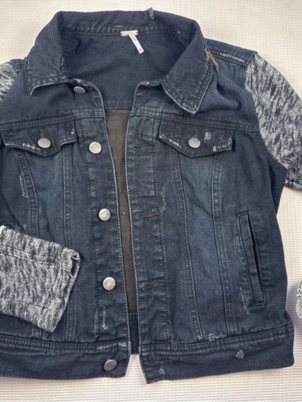 Free People Black Denim Jacket with Gray Knit Sleeves